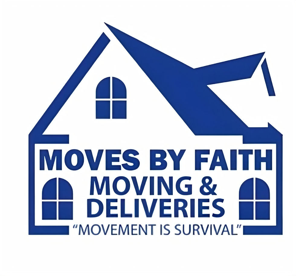 Blue logo of a house with text "MOVES BY FAITH MOVING & DELIVERIES" and slogan "MOVEMENT IS SURVIVAL" on a white background.