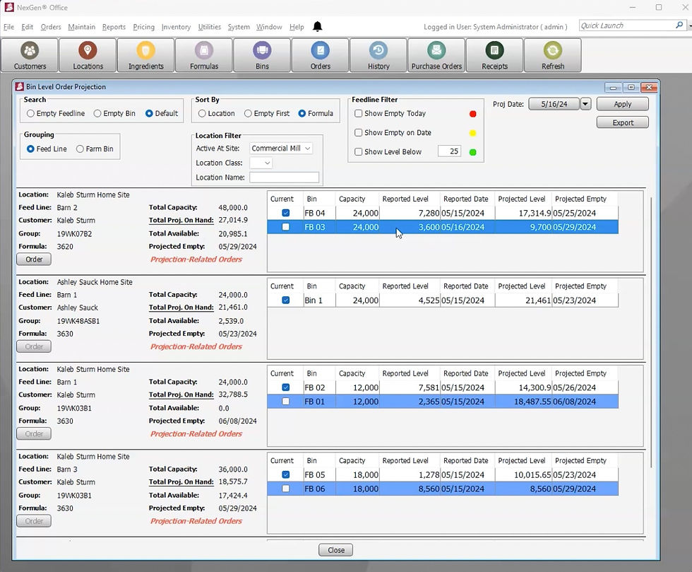Screenshot of the Bin Level Order Projection screen.