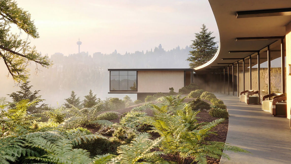 3D rendering of a modern hillside home at sunrise with misty morning light