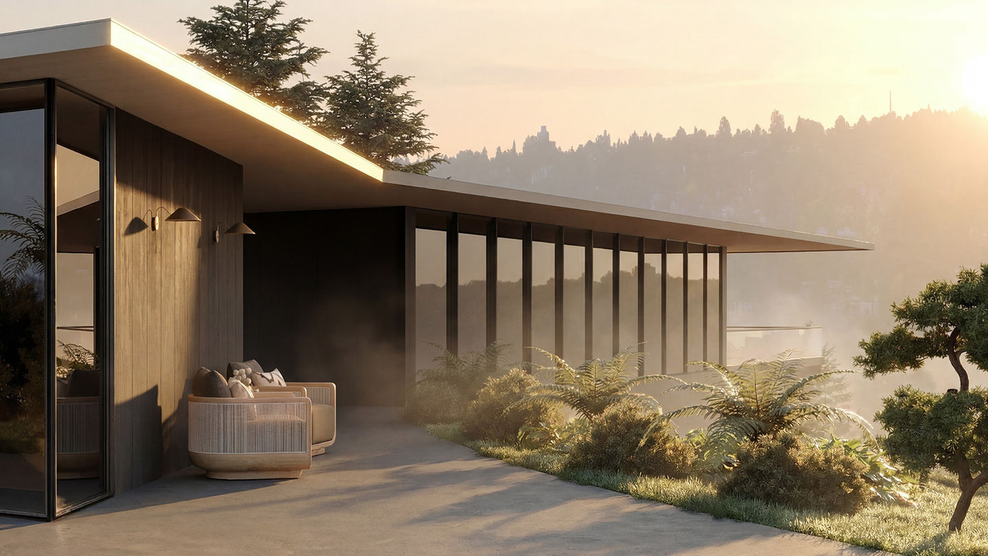 Photorealistic architectural rendering of a contemporary home at sunrise