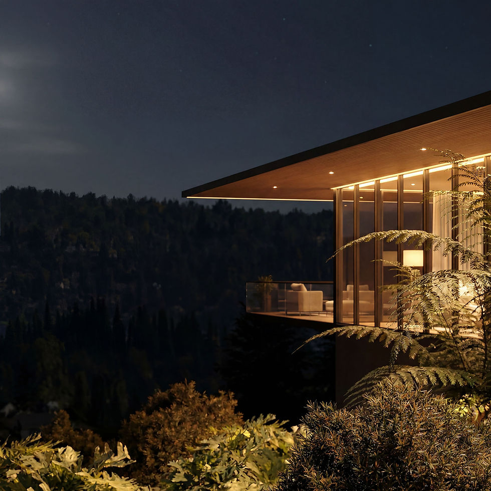 Photorealistic 3D architectural rendering of a modern home illuminated at night with glowing interior lights