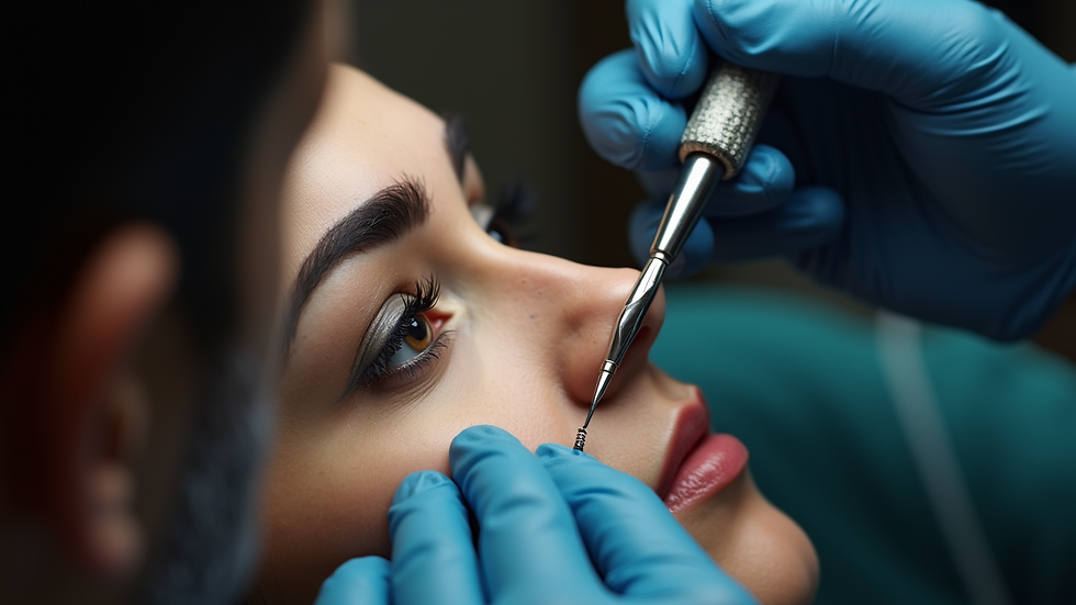 Close-up view of a brow tattooing process with a focus on the artist's tools