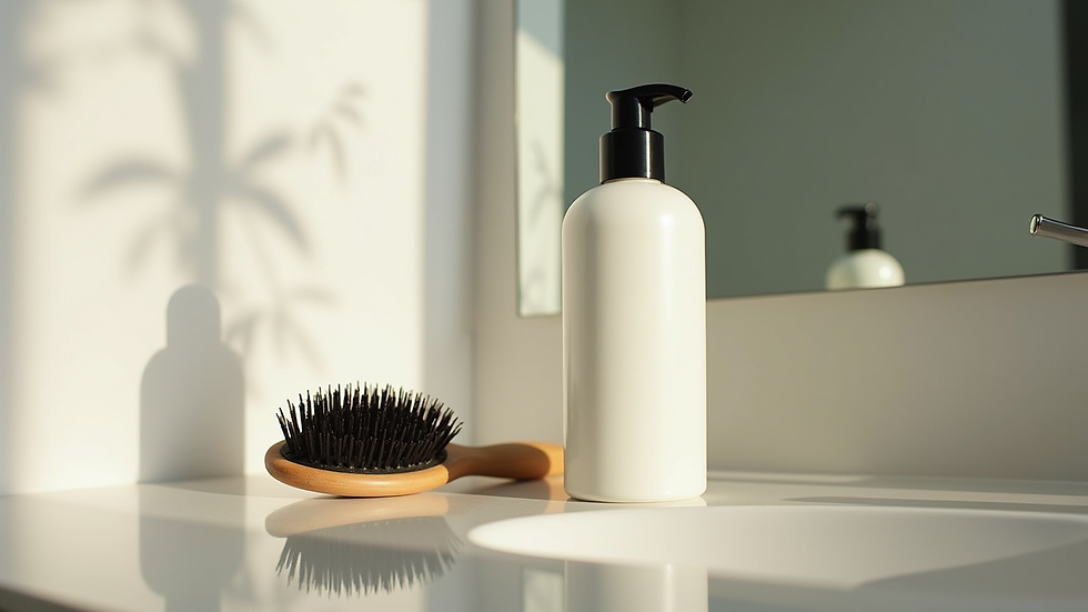 Eye-level view of a bottle of conditioner next to a hairbrush on a bathroom counter