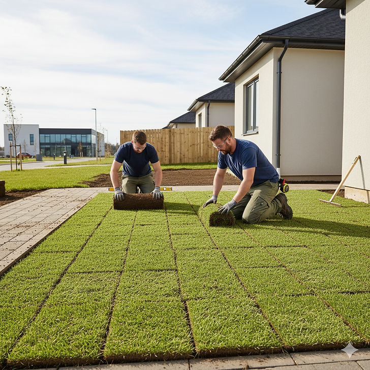Professional sod installation crew working on a Northeast residential lawn project, laying fresh sod rolls in precise brick pattern