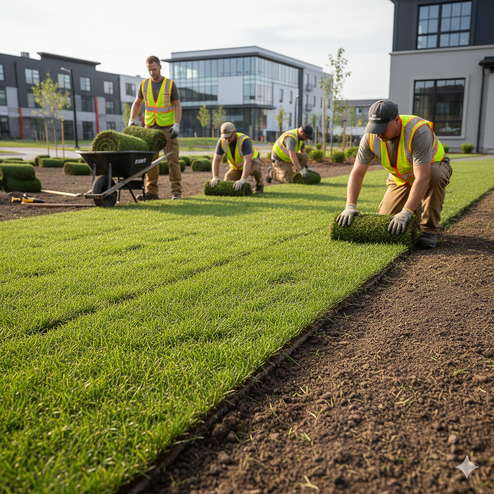 Close-up of professional hands laying fresh green sod rolls with precise seam alignment and proper installation technique