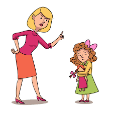 Blonde woman in pink and red points at a sad girl holding a flower on a white background.