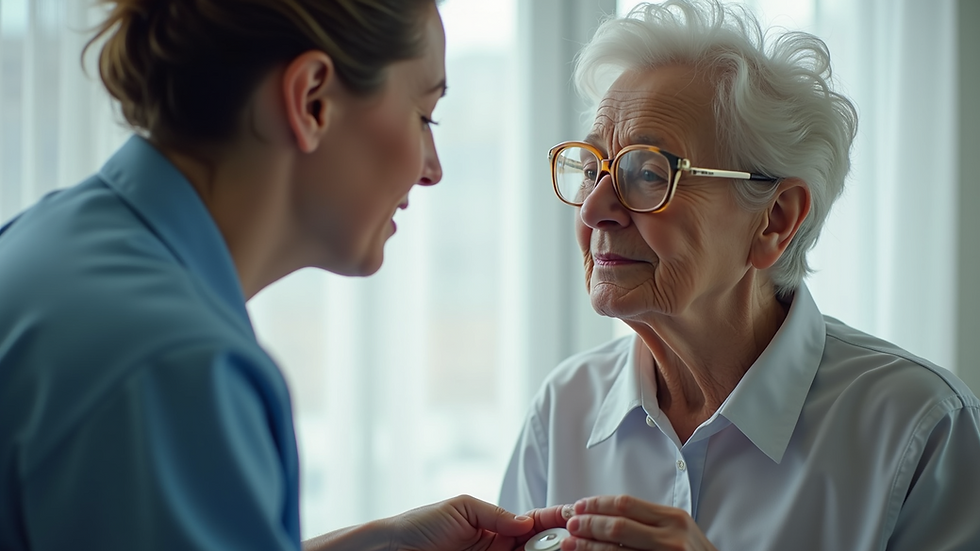 Eye-level view of a caregiver assisting an elderly woman with medication
