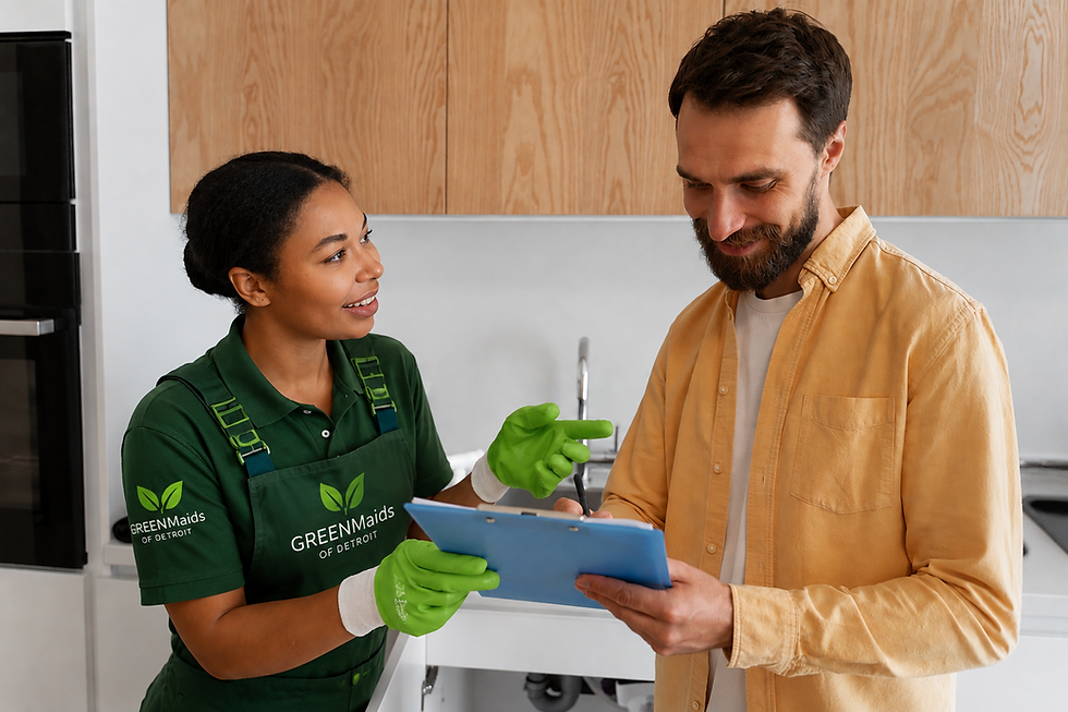 Professional cleaner with clipboard to Contact Us about service