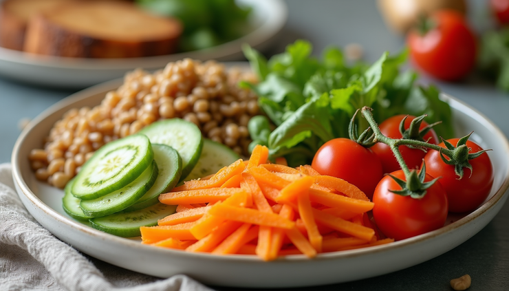 Eye-level view of a colorful personalized meal plate with fresh vegetables and grains