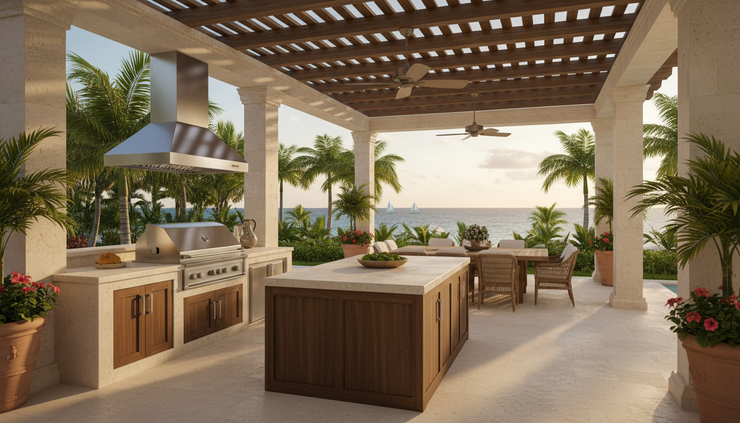 Eye-level view of a luxury outdoor kitchen beside a covered dining terrace