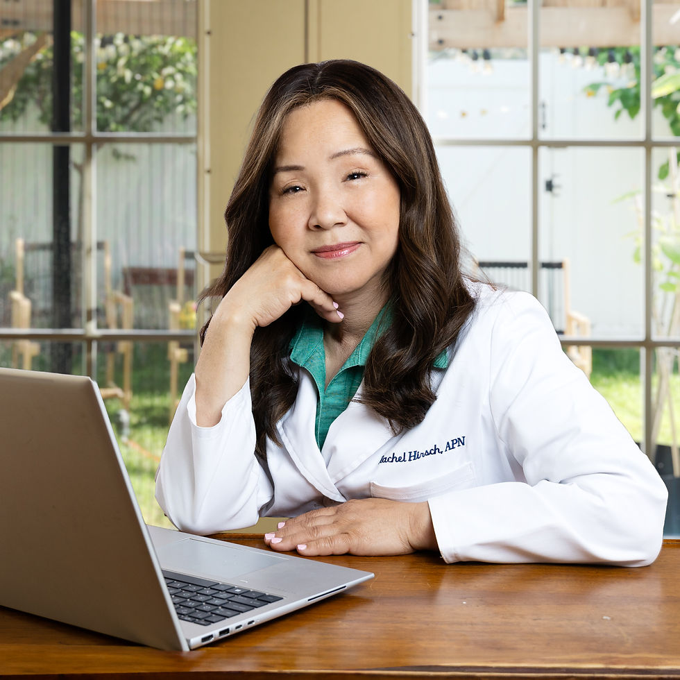 Smiling doctor with a laptop to physicist Rachel Hirsch start your journey to mental wellness