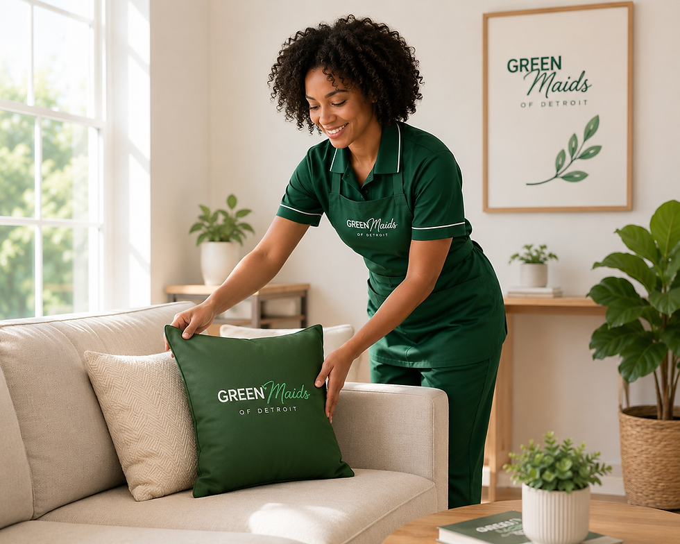 A Green Maids cleaner arranging a pillow, part of our services.