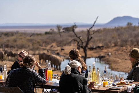 Guests having breakfast at the lodge while elephants drink in the background at Royal Madikwe - Safari Lodge Photographer and Videographer Content Creator
