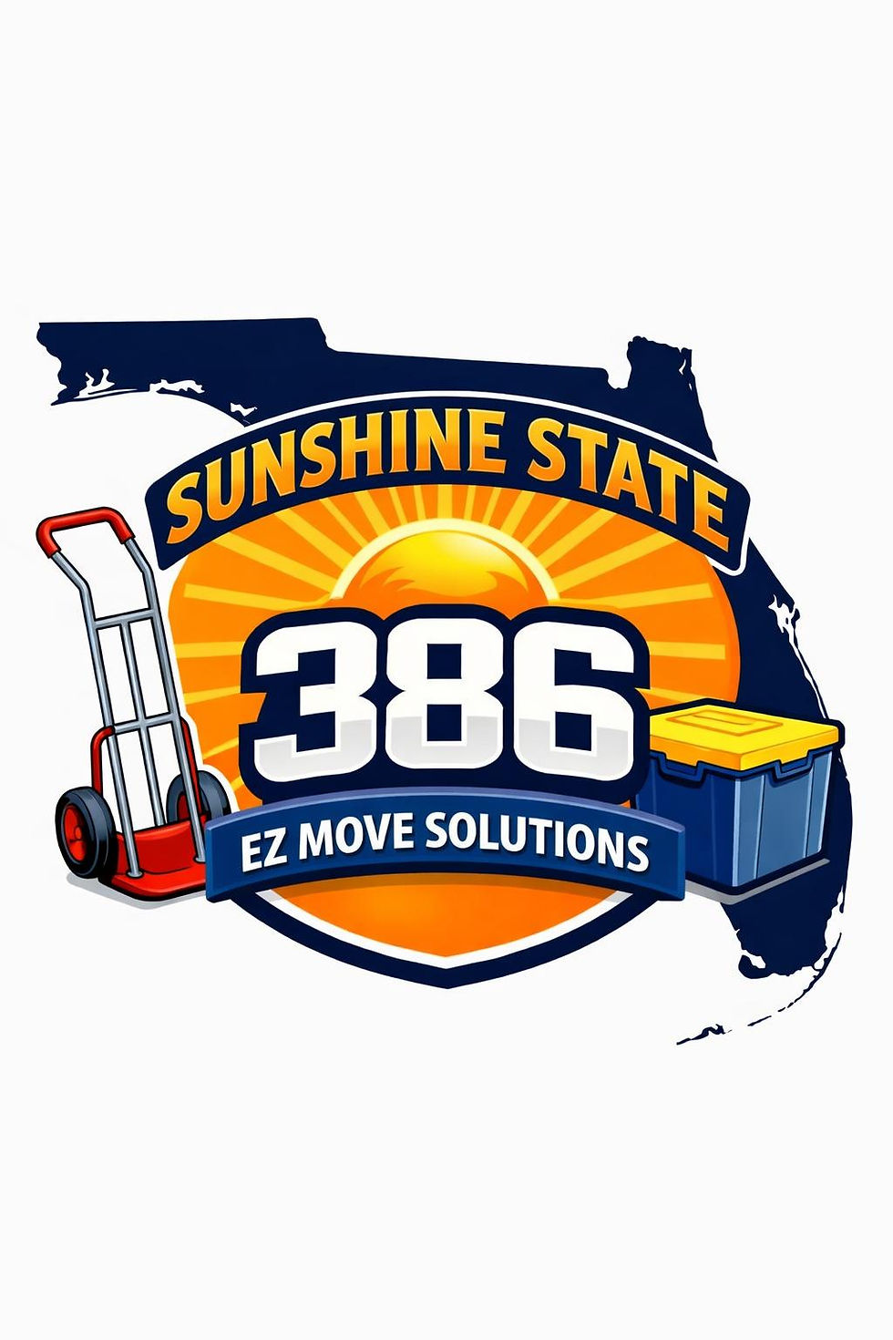386 EZ Move Solutions logo with Florida outline, sunburst, and tote/hand truck illustration on white background.