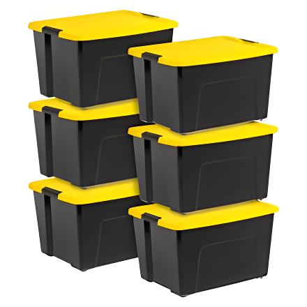 Square product-style photo of six stacked black plastic totes with bright yellow lids on a white background