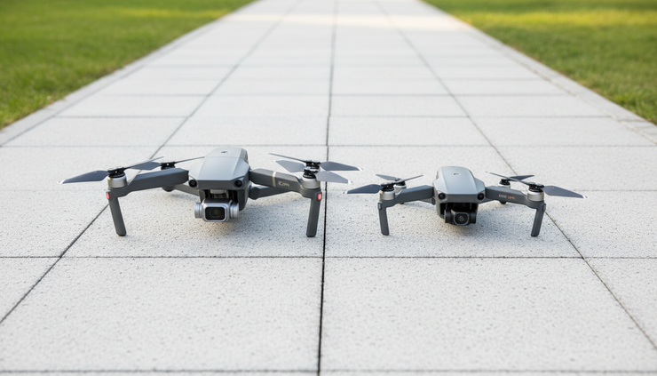 Top-down view of two drones placed side by side on a paved path.