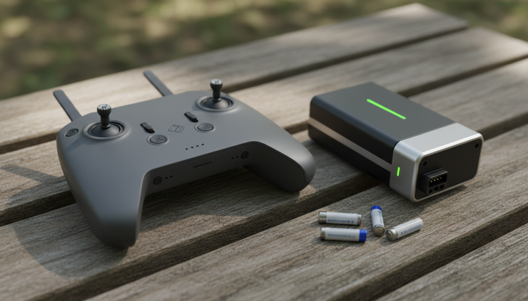 Close-up view of a drone remote controller resting beside two different drone batteries.
