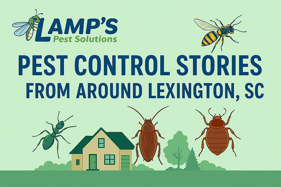 Insects and a house illustration on a light green background with "Lamp's Pest Solutions" logo. Text reads: "Pest Control Stories from Around Lexington, SC."