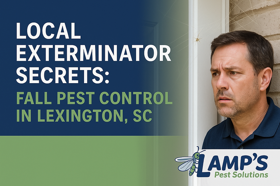 Man looking concerned at a spider; text: "Local Exterminator Secrets: Fall Pest Control in Lexington, SC." Lamp's Pest Solutions logo.