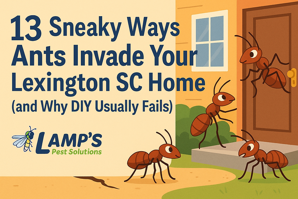Ants approach a house door, illustrating "13 Sneaky Ways Ants Invade Your Lexington SC Home." Lamp's Pest Solutions logo visible.
