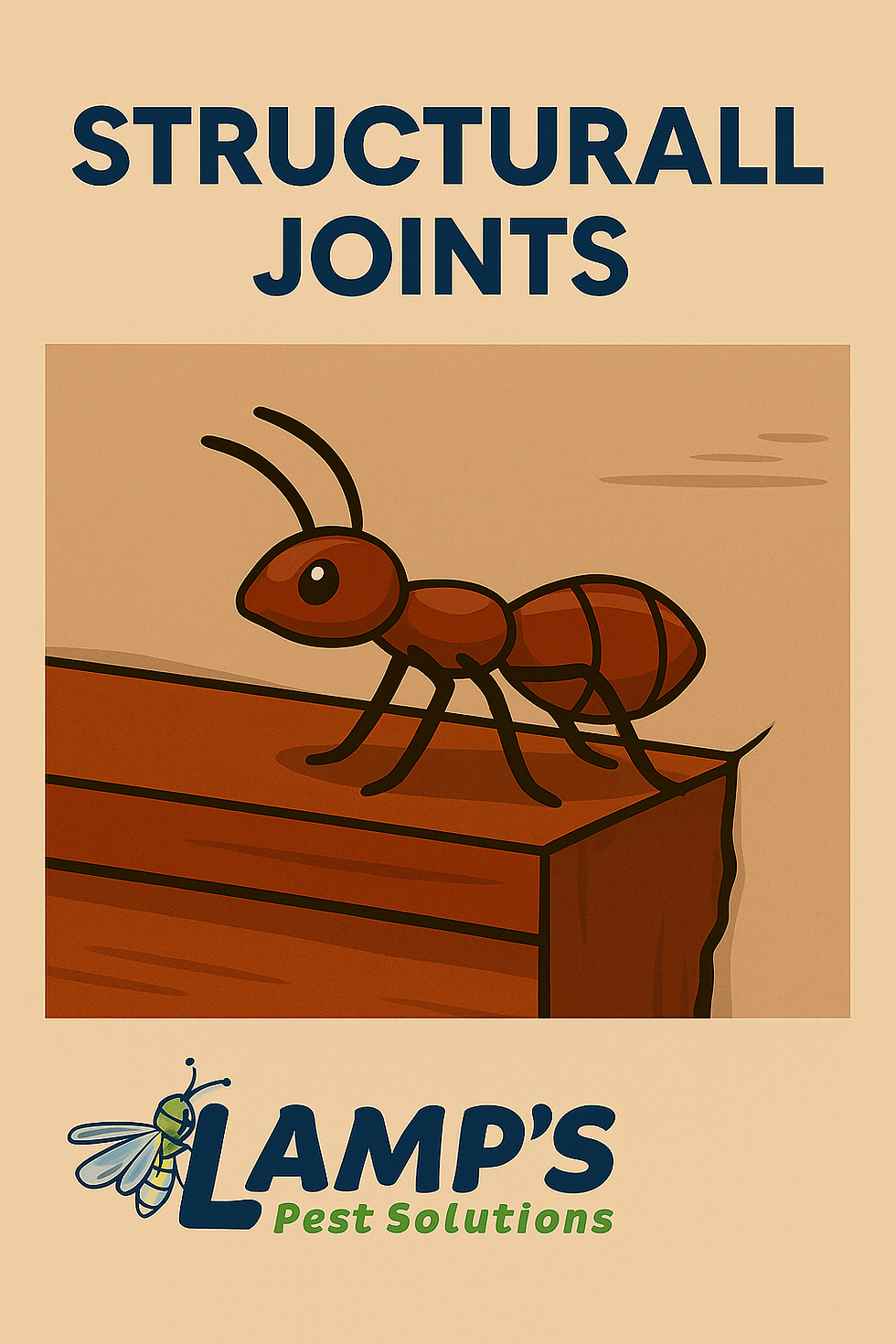 Cartoon ant on wooden surface with text "STRUCTURAL JOINTS" and "LAMP'S Pest Solutions" logo below. Beige background.
