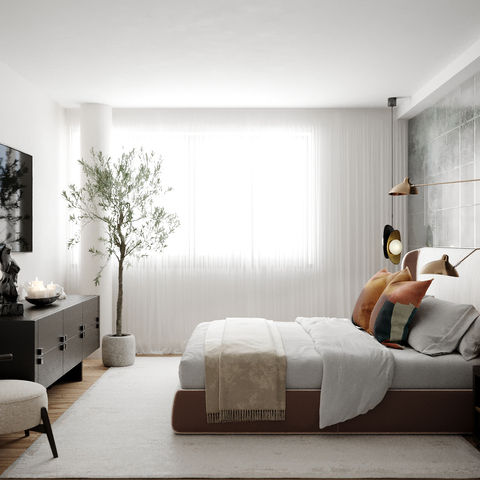 Cool Toned Bedroom with a Pop