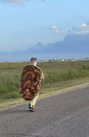 Photograph of the Texas Sealife Center mascot,  Touche as he runs in the Turtle Trot 2025