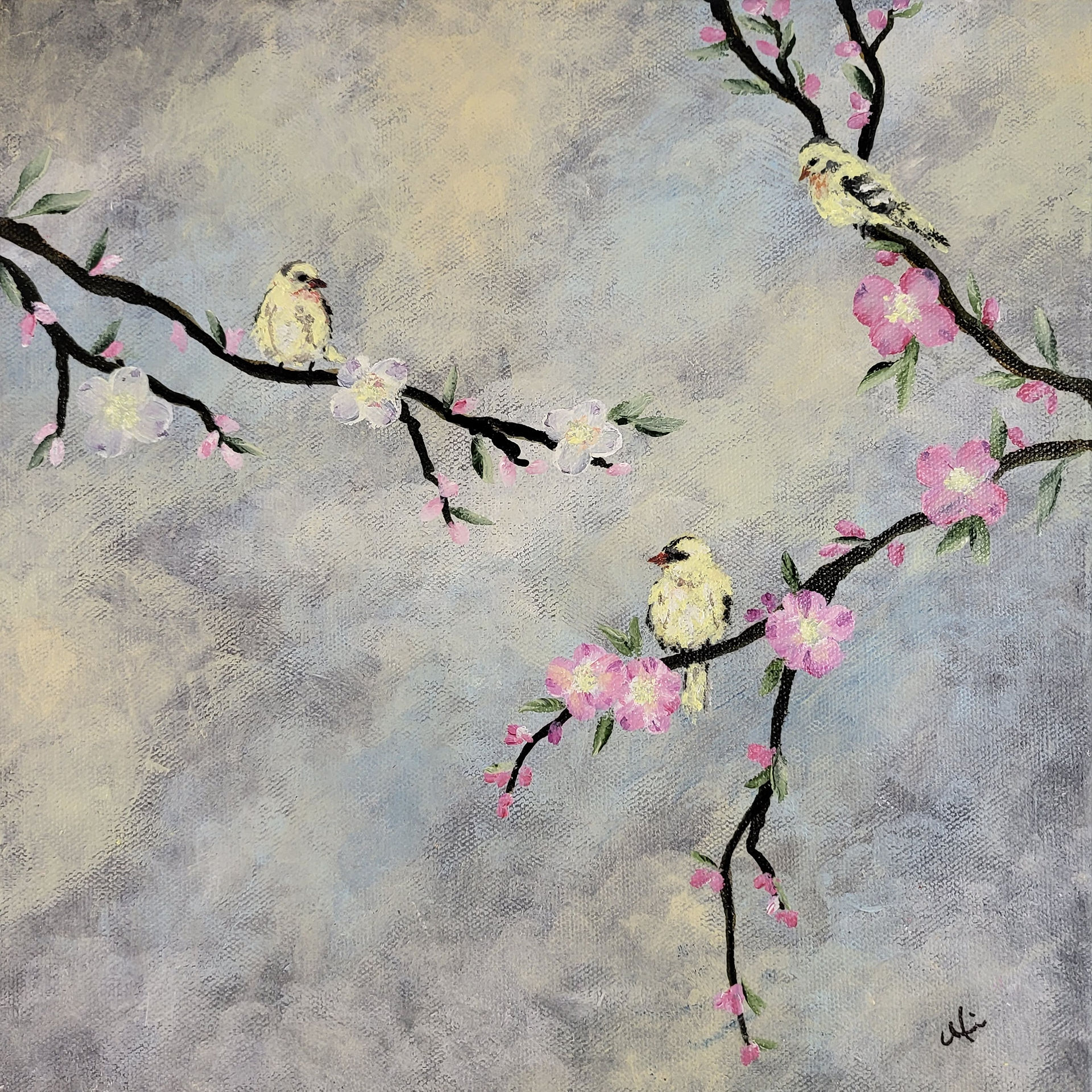 Acrylic painting process by Melissa Mitchell - finished floral bird artwork
