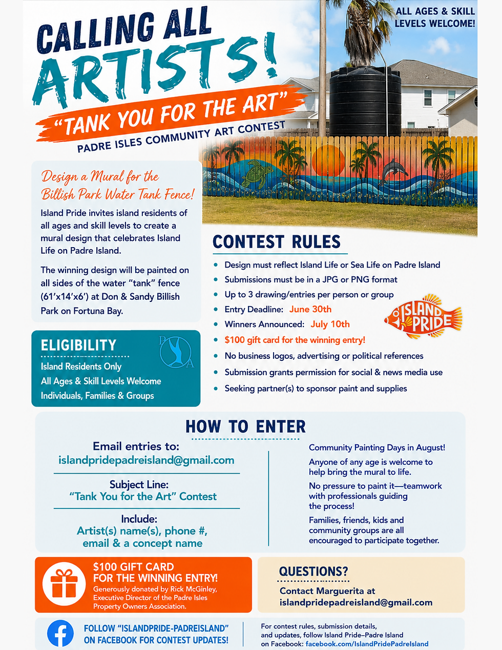 Community art contest flyer with contest rules and participation details for the Tank You for the Art mural project