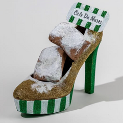 Krewe of Muses Green and gold glitter high heel inspired by Café du Monde, featuring striped platform and powdered sugar beignet details.