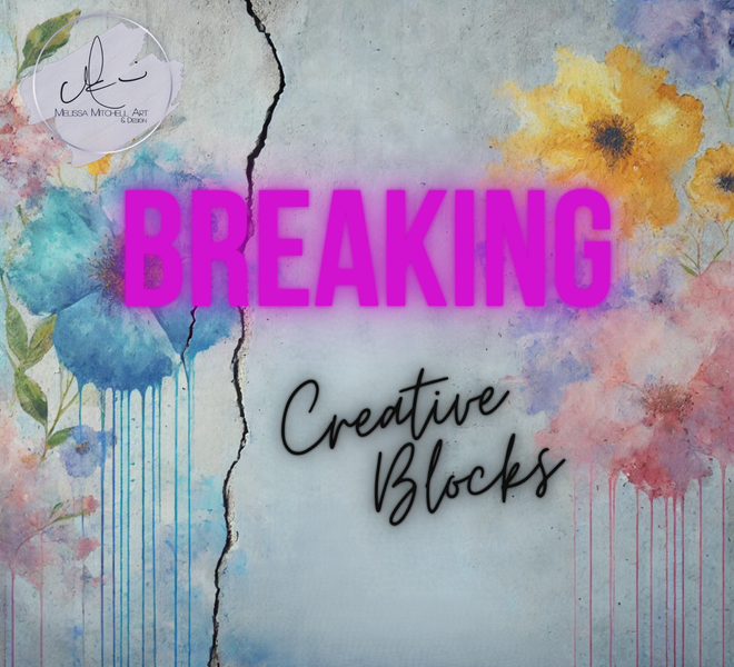 image of Breaking Creative Blocks Course title with fractured concrete wall and dripping watercolor 
