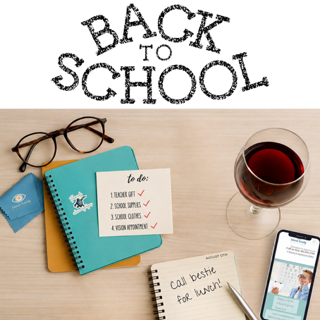 Back-to-school checklist with school supplies, glasses, calendar, phone and a reminder to call a friend for lunch. Graphic by Melissa Mitchell Art.