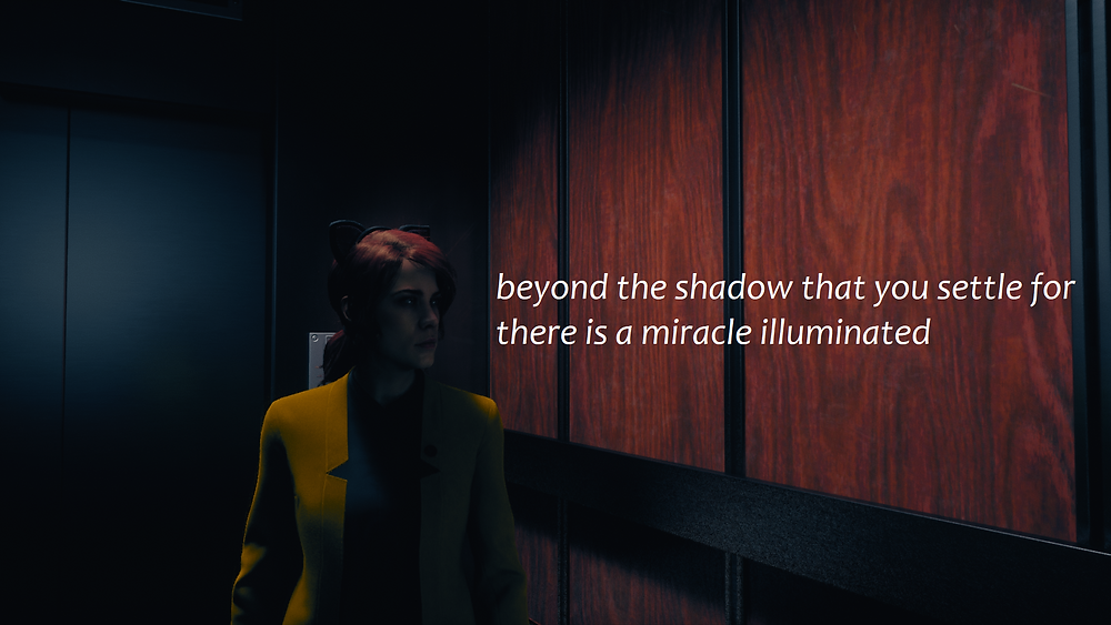 Jesse Faden looks contemplatively into the distance, wearing cat ears and a gold suit. Text reads "beyond the shadow that you settle for there is a miracle illuminated."
