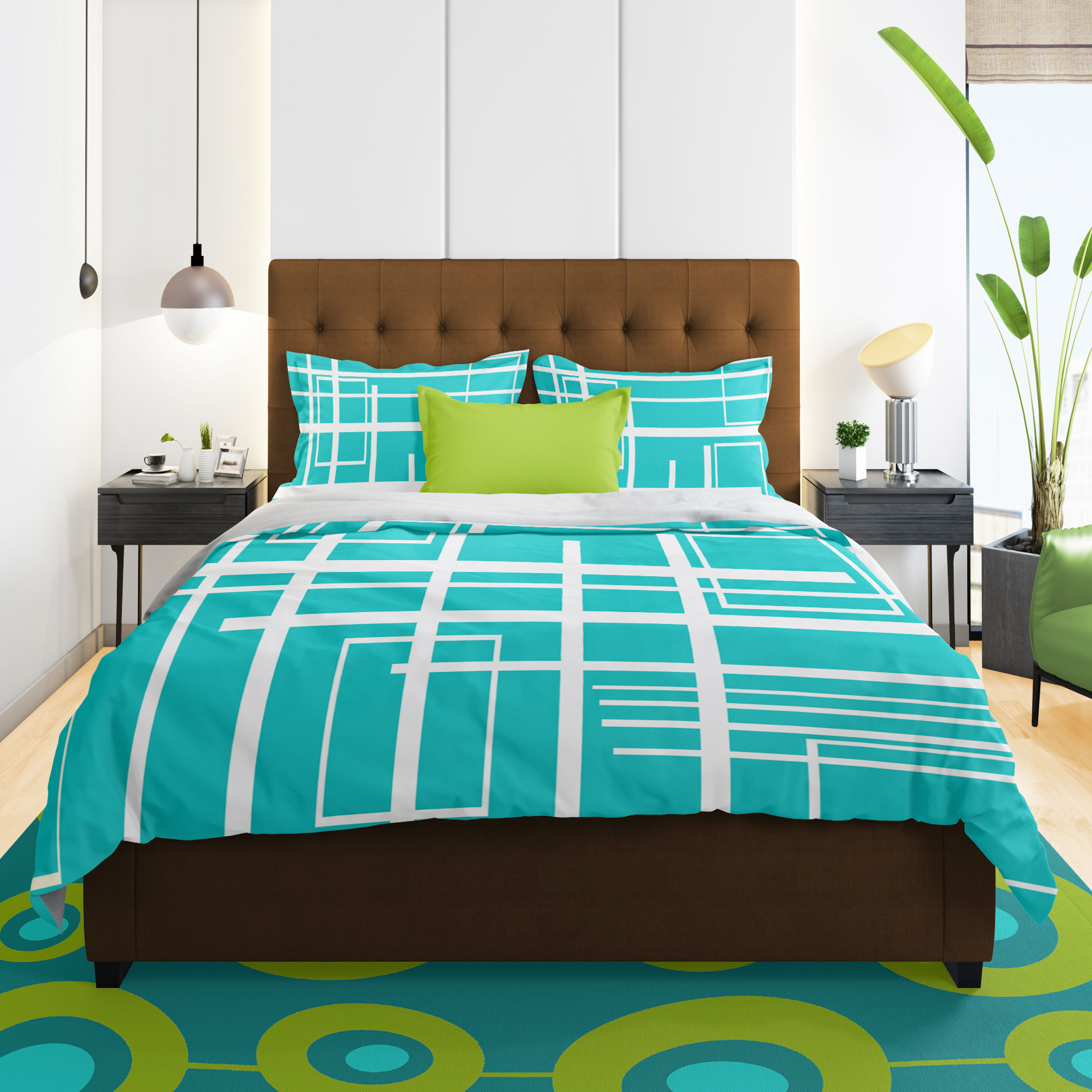 Mid Century Modern -3 pc Duvet Cover Set-turquoise retro bedding- Turquoise MCM Bedding- mid century geometric bedding