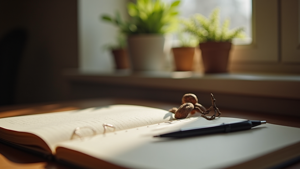 Eye-level view of a cozy writing nook with a journal and pen