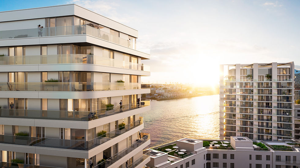 DC Developments The Crown Luxuswohnturm Visualisierung Hamburg Sonnenuntergang Hafen