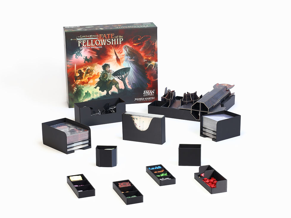 3D printed organizer insert for The Lord of the Rings: Fate of the Fellowship. Shown 11 trays that organize all game componen