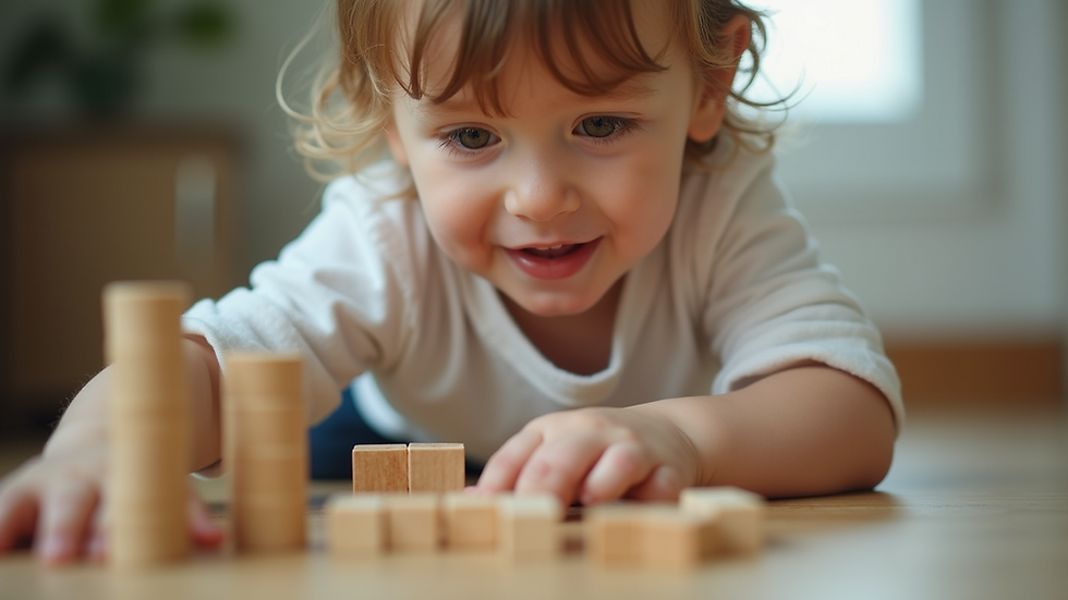Eye-level view of a child playing with building blocks