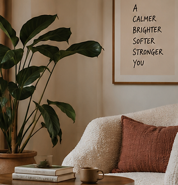 Cozy corner with a plant, armchair, and a print reading "A calmer, brighter, softer, stronger you"