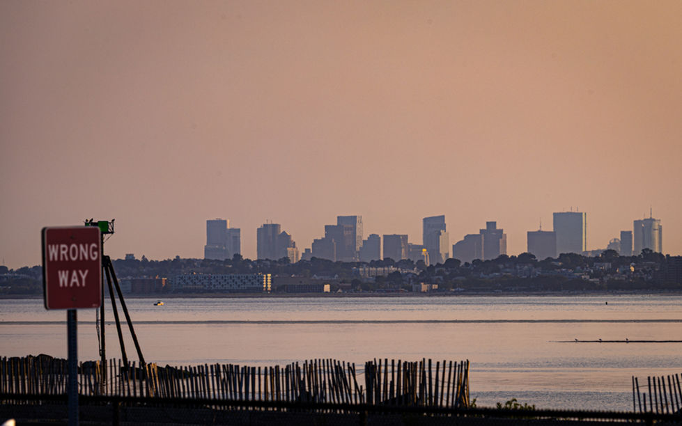 a city skyline with a fence in the foreground