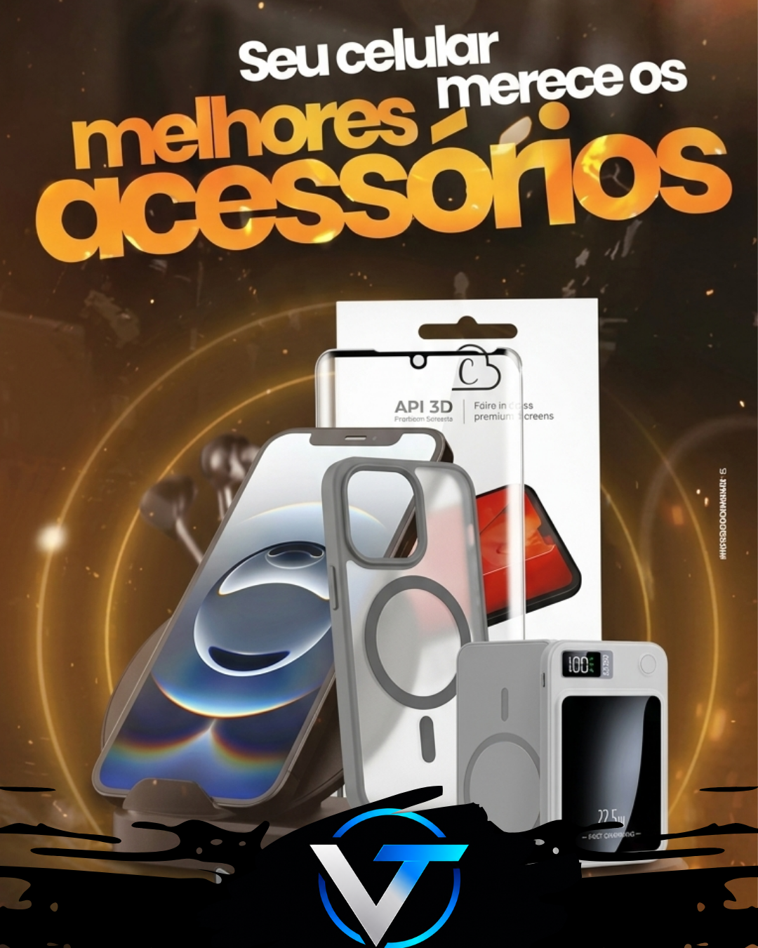 Kit3 em 1 para Iphone Premium, Capinha MagSafe, 3 películas e Powerbank MagSafe.