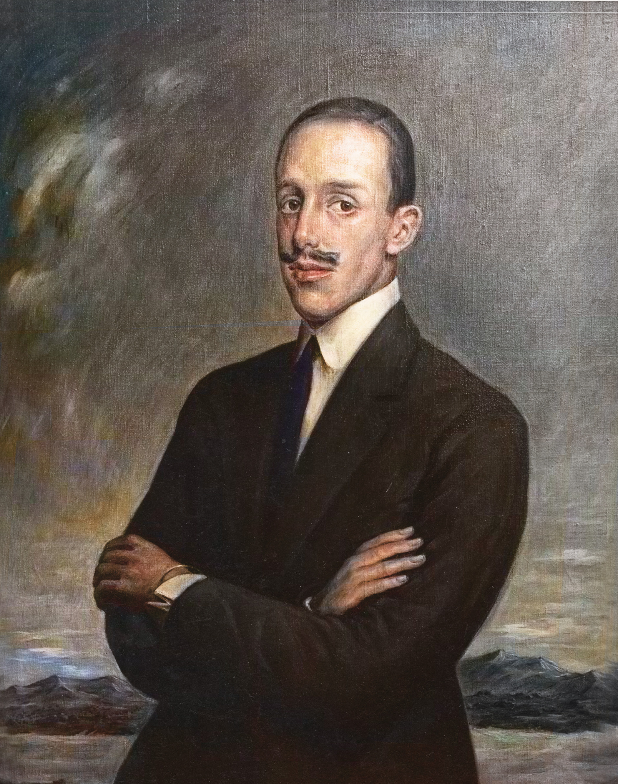 Portrait of a man in a business suit gazing relaxedly at the viewer; king Alfonso XIII of Spain, by José Moya del Pino, 1924