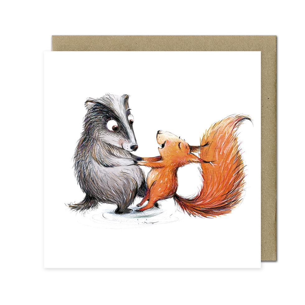 Squirrel and badger dancing together on the Dance With Me postcard