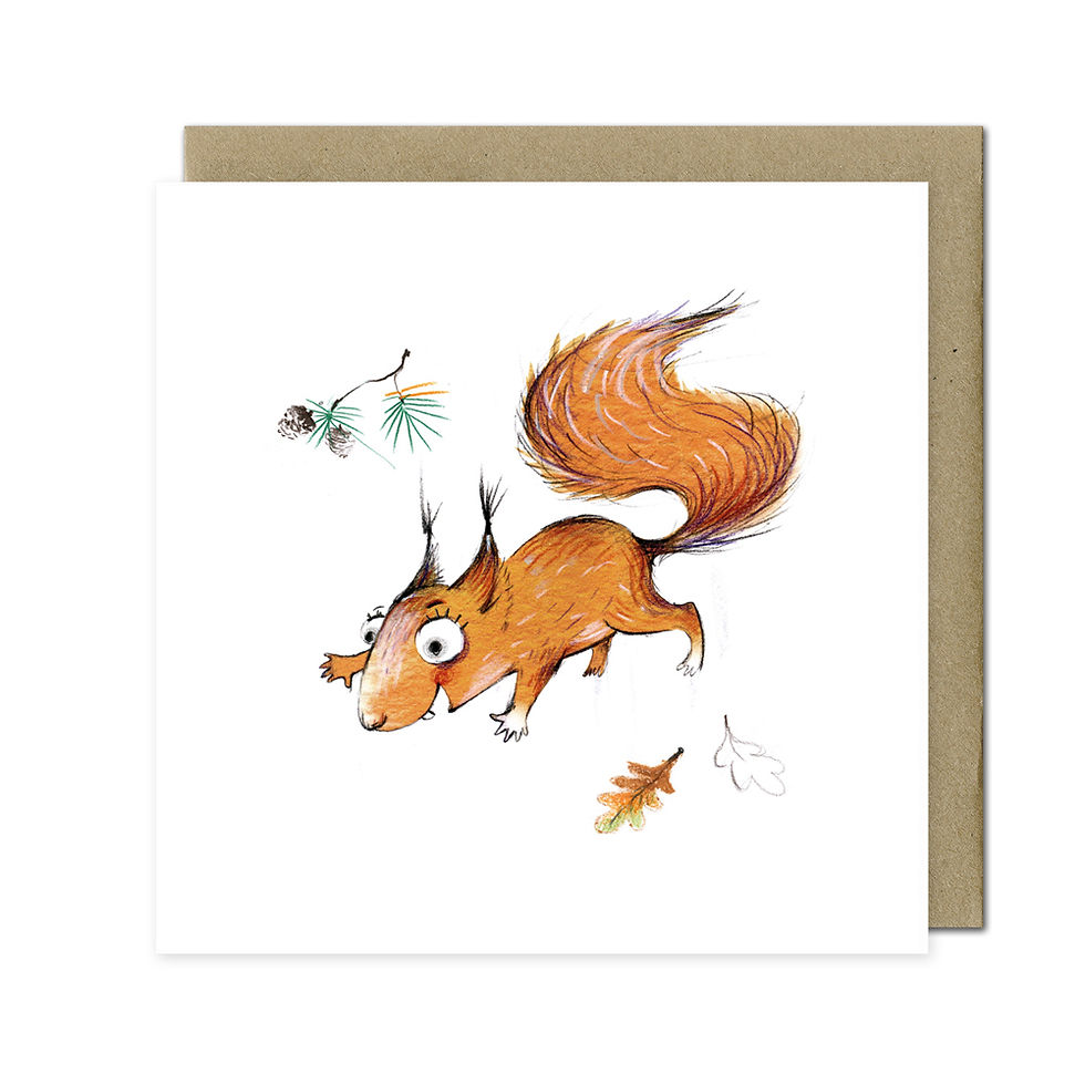 Jump for Joy squirrel jumping among autumn leaves greeting card