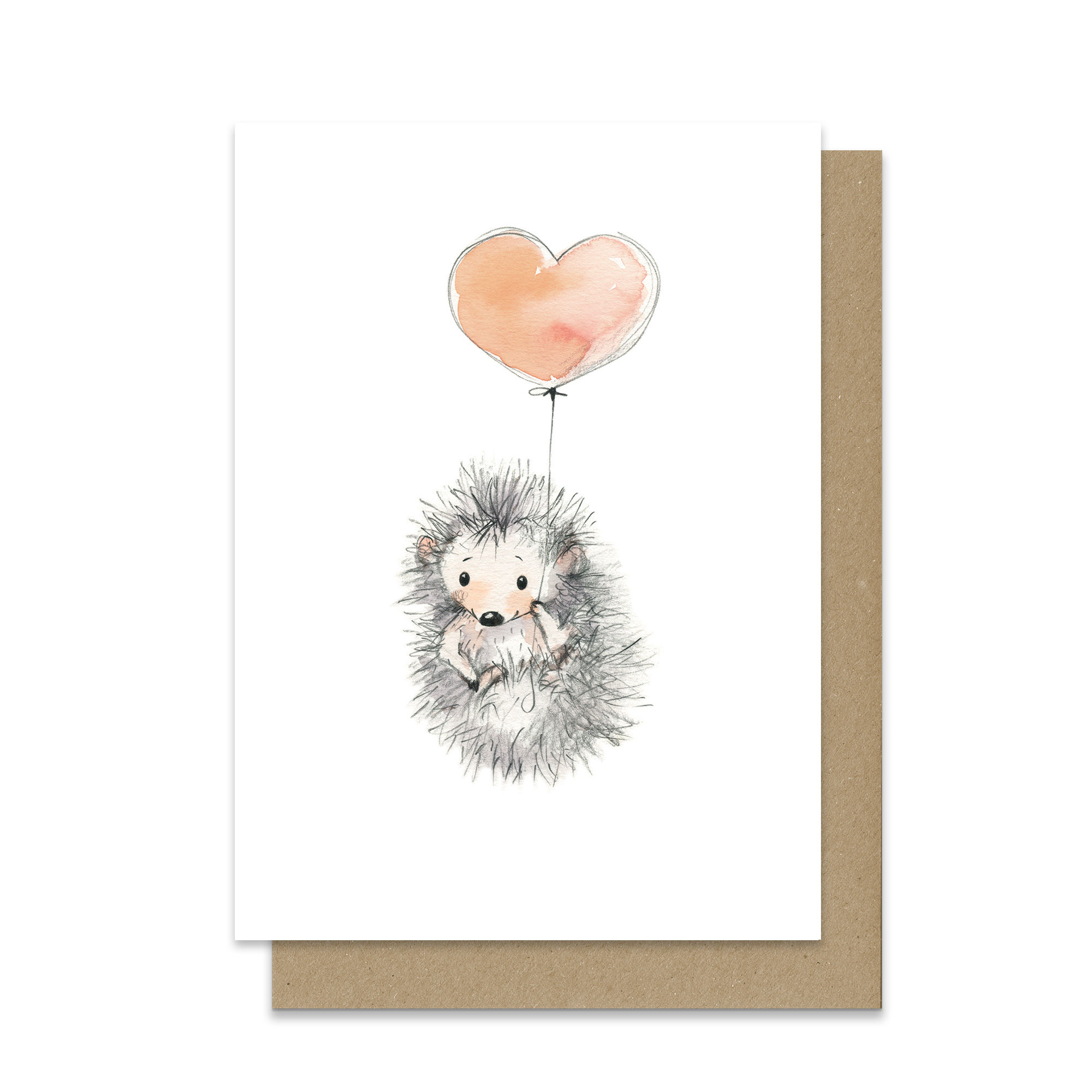 Soft watercolor postcard illustration of a hedgehog with a heart balloon