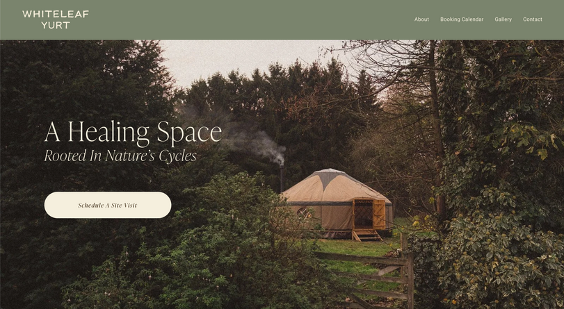 An image of a website landing page with a yurt nestled in a forested area.The navigation bar is green, and on the left of the image are the words 'A Healing Space, Rooted In Nature's Cycles'