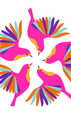 Graphic of brightly coloured birds in a circle, representing community, and inclusivity__e
