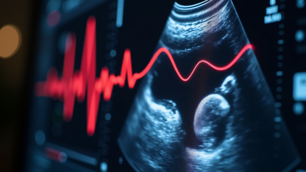 High angle view of Doppler ultrasound printout showing fetal heart rate and blood flow waveforms