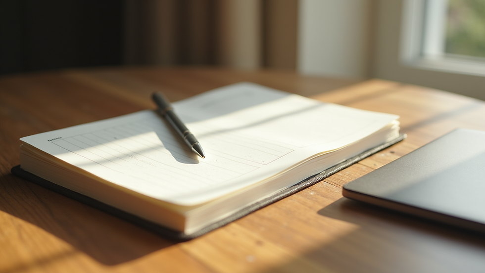 Close-up view of a journal and pen on a wooden table with soft natural light