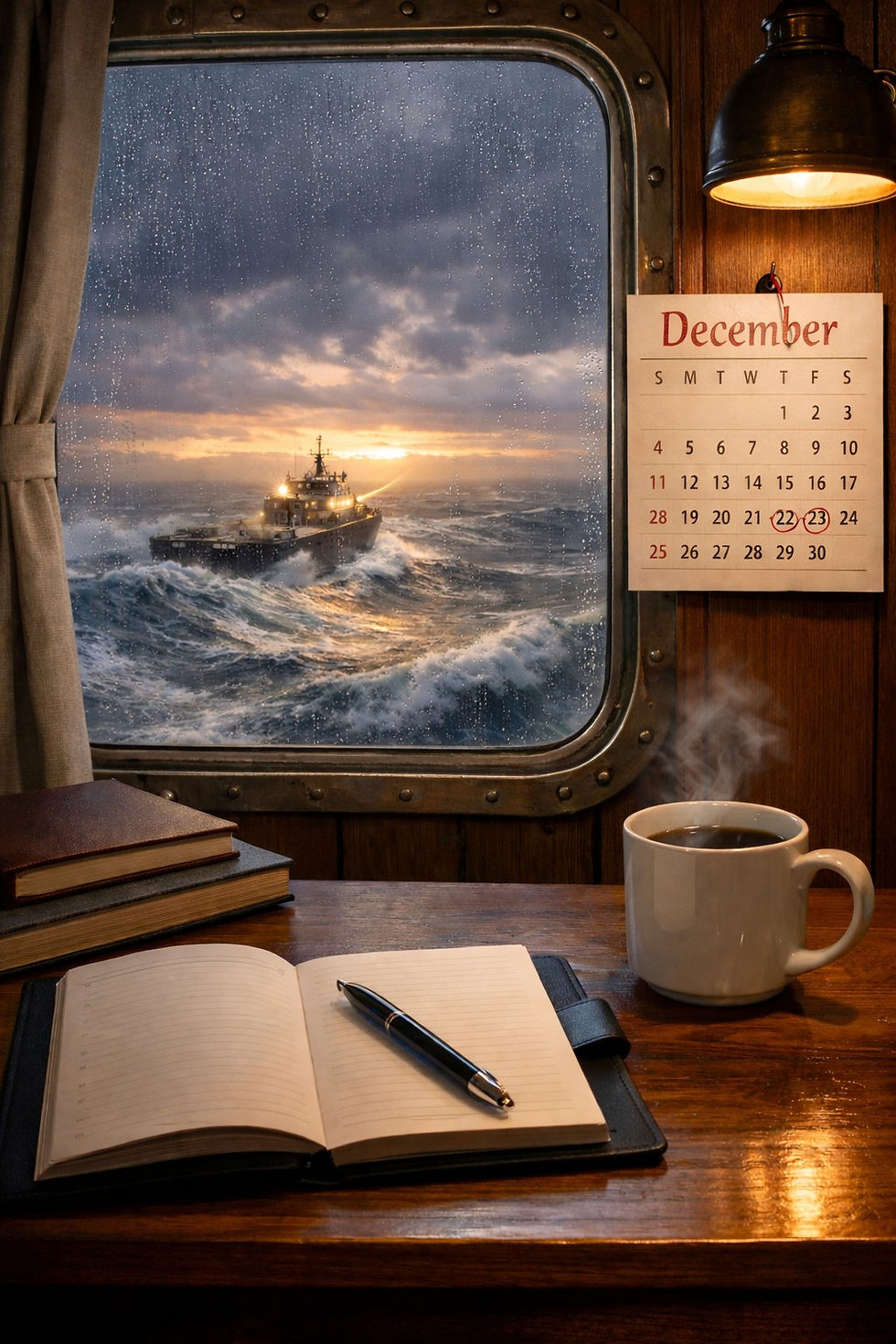 Calm reflective workspace inside a ship’s cabin with a notebook and coffee, looking out at a vessel navigating rough seas during winter, representing mentoring SMEs through economic uncertainty.